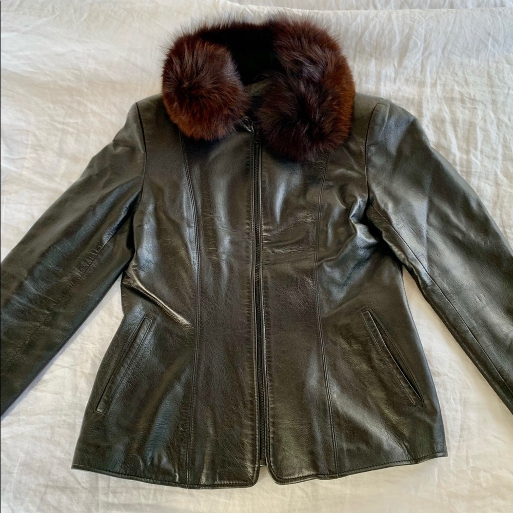 Vintage black leather jacket with fur collar